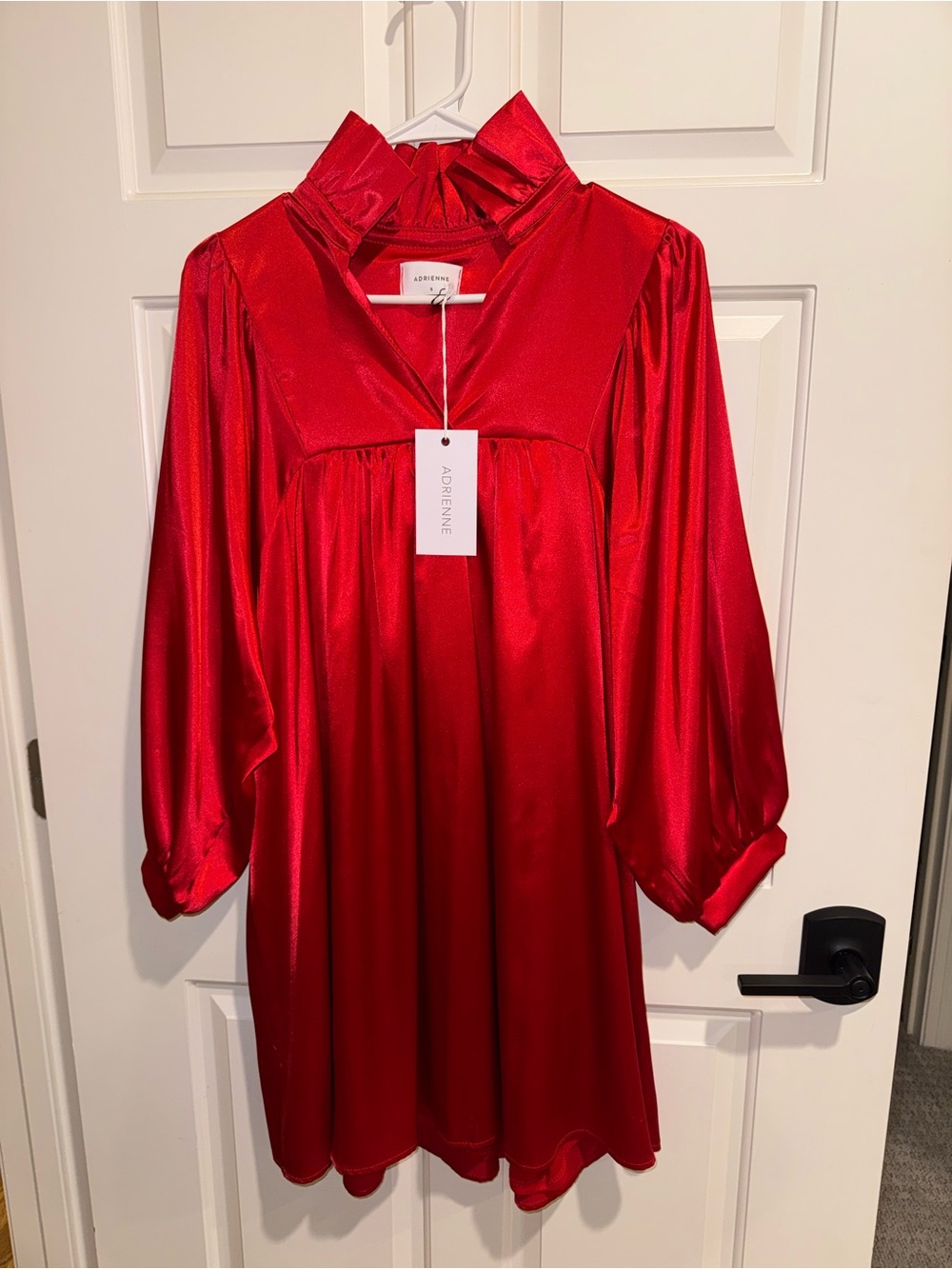 Adrienne Red Satin Mini Dress with Ruffle Collar